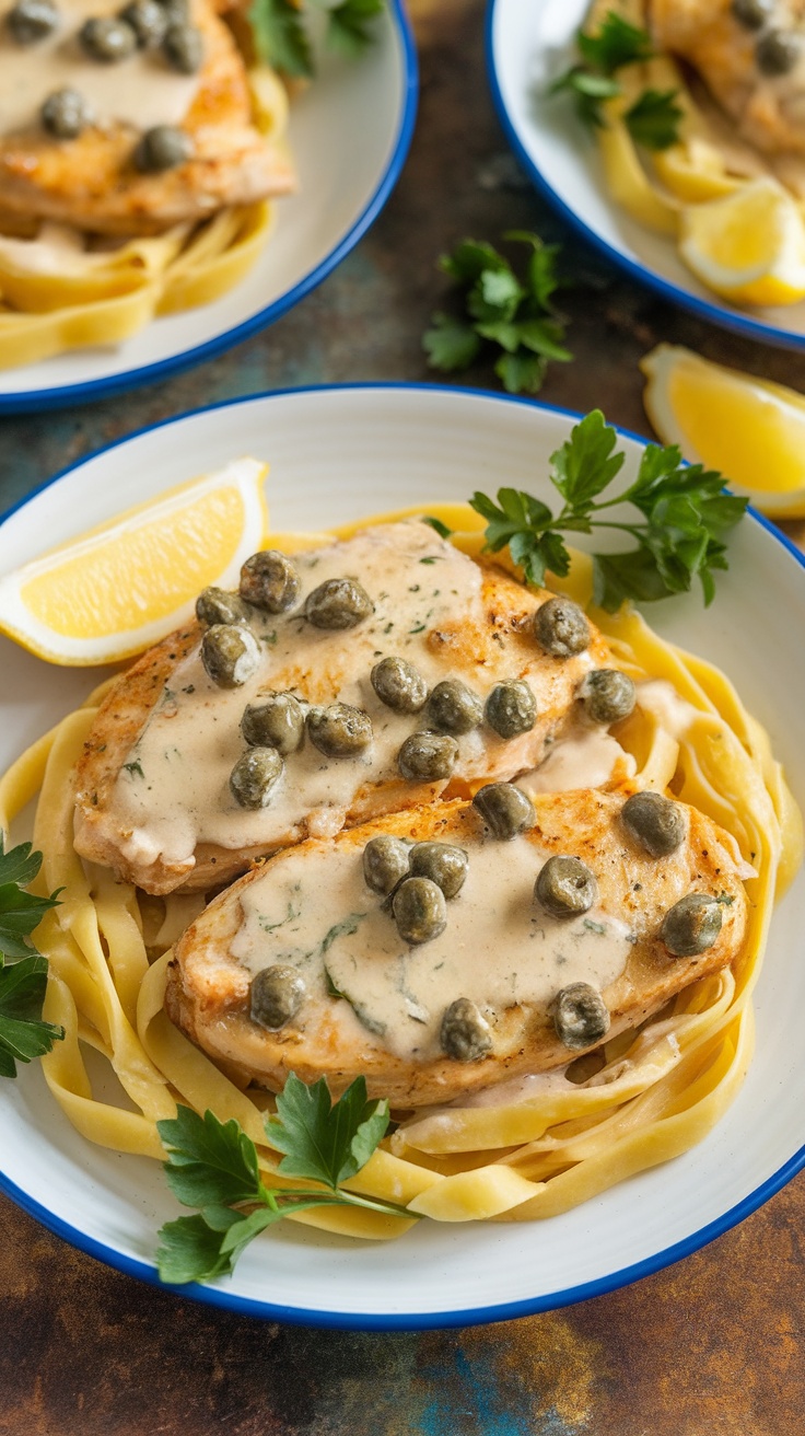 Lemon chicken piccata with capers served over pasta, garnished with parsley and lemon slices.